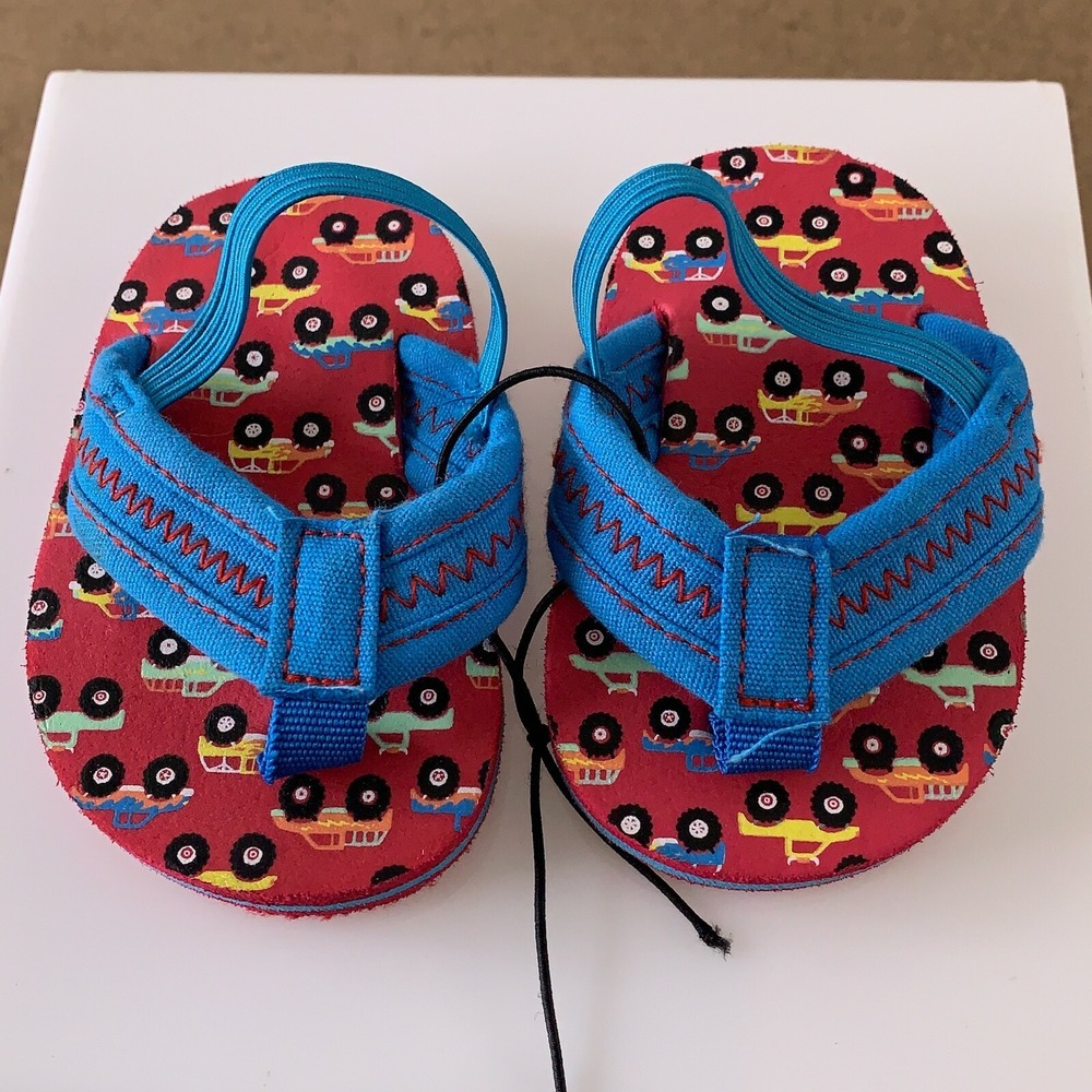 Revo Baby Boy Size 2 Red Blue Big Truck Flip Flops New